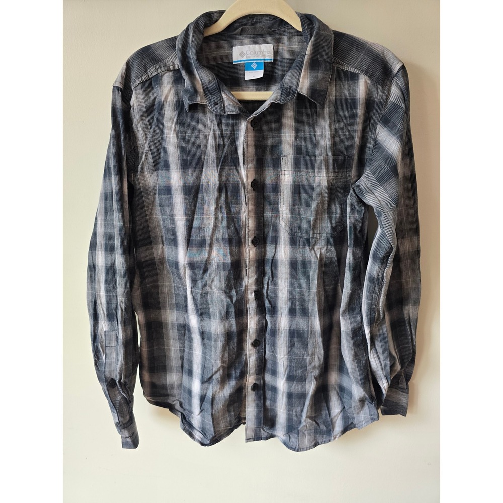 Columbia Mens Grey Plaid Long Sleeve Button Down Shirt Stretch Cotton Size M